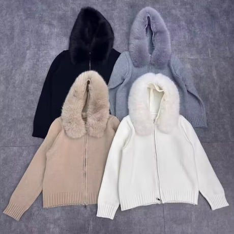 ファーフードニットジャケット 4色展開