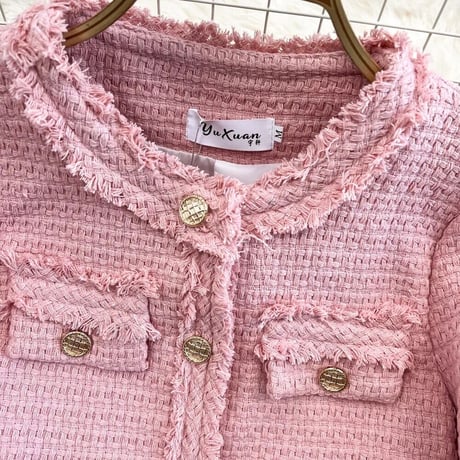 【White Lサイズ即納】カラーフリンジ ツイードジャケット 4色展開