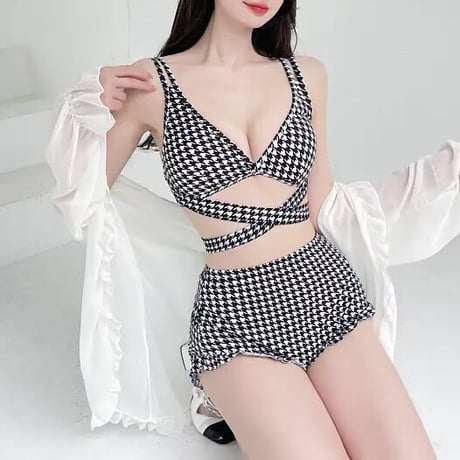 千鳥格子柄 ダブルストラップクロスビキニ