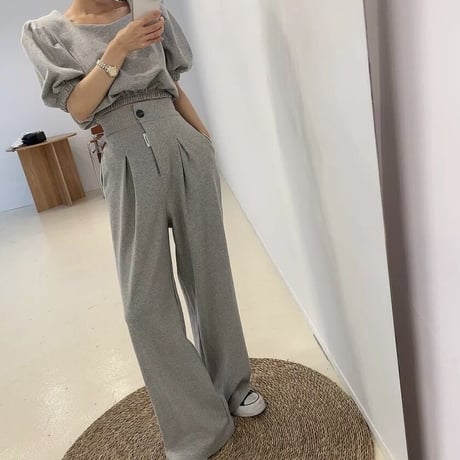 パフスリーブトップス ワイドタックパンツセット 3色展開