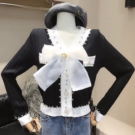 シフォンビッグリボン ビジューカーディガン 3色展開