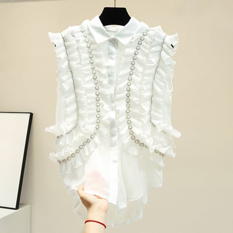 パールパッチワーク フリルノースリーブブラウス 2色展開