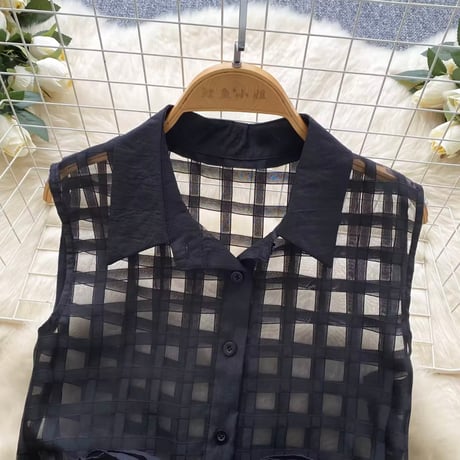 チェックフリルノースリーブブラウス 6色展開