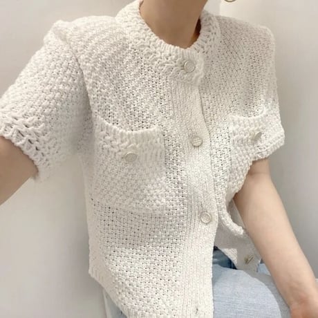 ワッフルニット ハーフスリーブカーディガン 2色展開