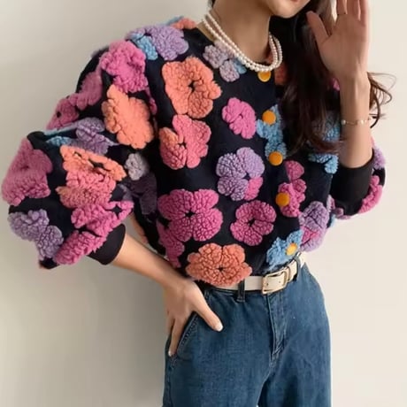 フラワーワッフルカーディガン 3色展開