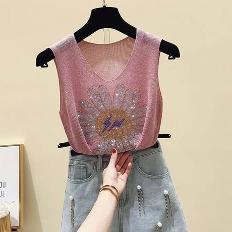 ストーンフラワー ノースリーブトップス 5色展開