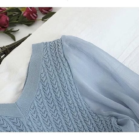 シフォンスリーブ ケーブルニットトップス 5色展開