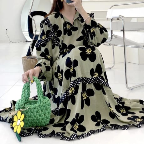 フラワープリント ドットフリルワンピース 2色展開