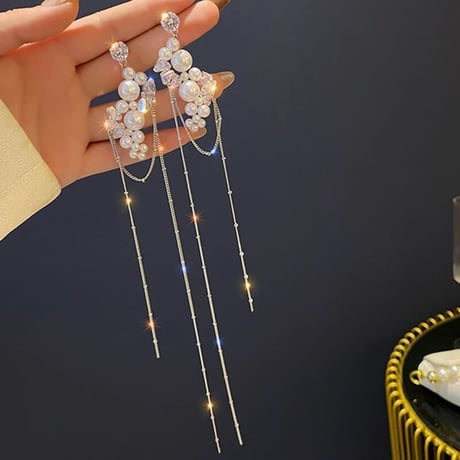 ロングチェーン パールストーンピアス