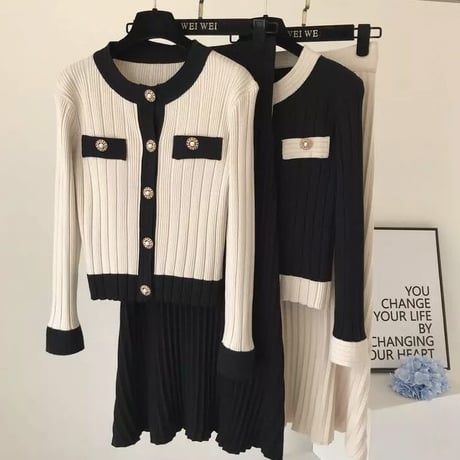 コントラストカーディガン スカートセット 2色展開
