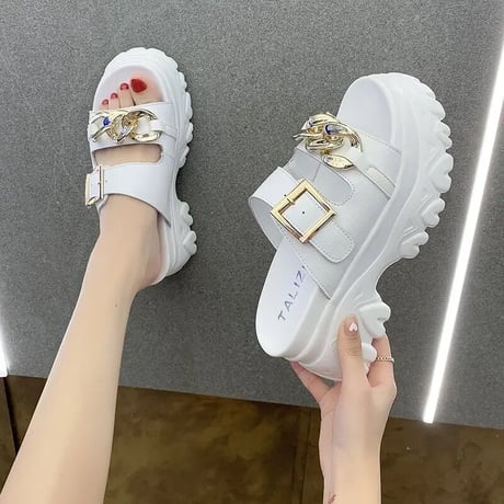 ゴールドチェーンバックル ハイソールサンダル 4色展開