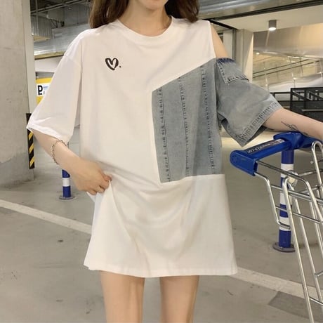 ハートポイント デニムパッチワークTシャツ 2色展開