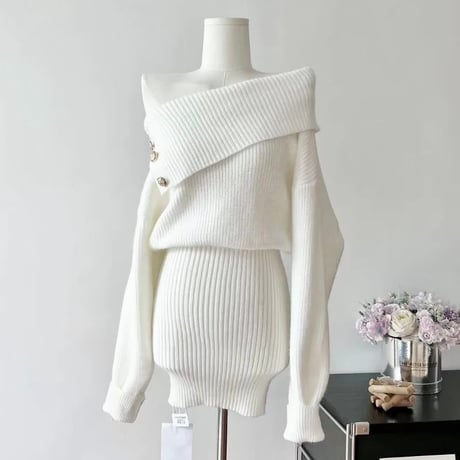 ゴールドボタン オフショルワンピース 2色展開