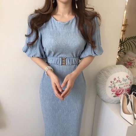 パフスリーブ ウエストマークワンピース 2色展開