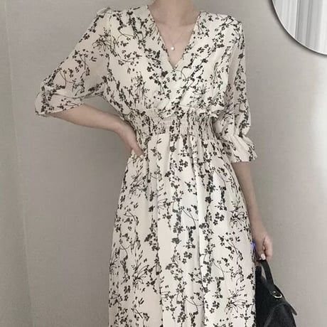 シックフラワー ギャザーシフォンワンピース 2色展開