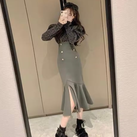 ドットギャザートップスフレアスカートセット