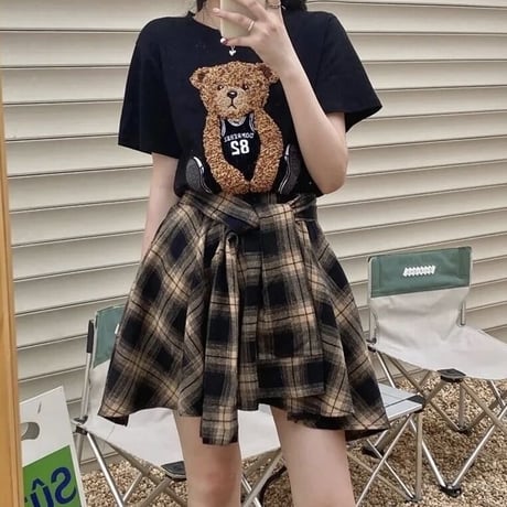 【別売りあり】ベアーTシャツ チェックタイスカートセット