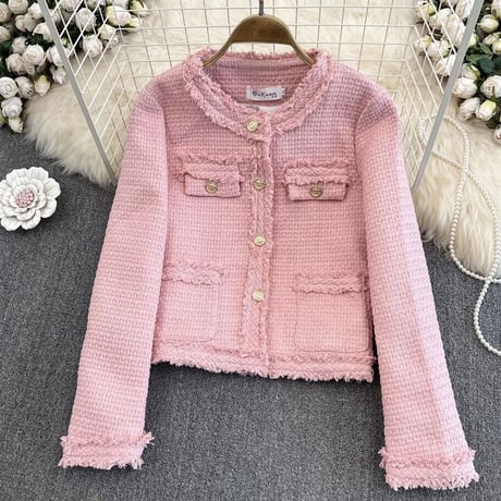 【White Lサイズ即納】カラーフリンジ ツイードジャケット 4色展開