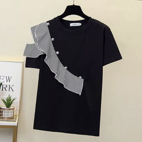 ボーダーフリル シルバーボタンTシャツ