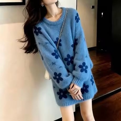 ブルーフラワーニットセットアップ