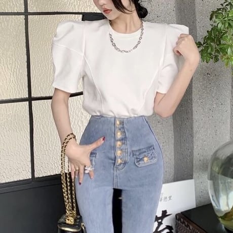パフスリーブ ラウンドネックTシャツ 2色展開