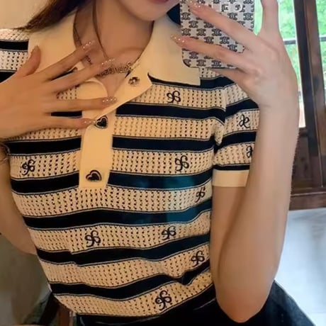 ハートボタン ストライプポロシャツ