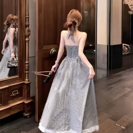 レースパッチワーク チェックロングワンピース