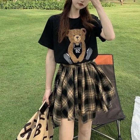 【別売りあり】ベアーTシャツ チェックタイスカートセット