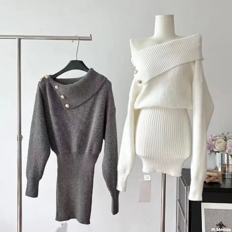 ゴールドボタン オフショルワンピース 2色展開