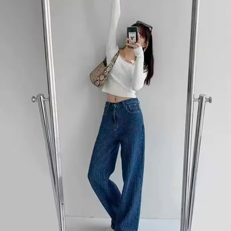 ワッフルハイウエストデニムパンツ 2色展開