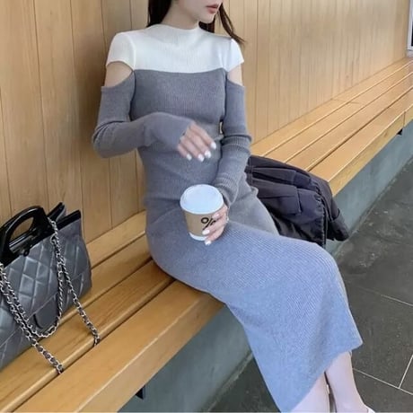 スリーブカット バイカラーニットワンピース 3色展開