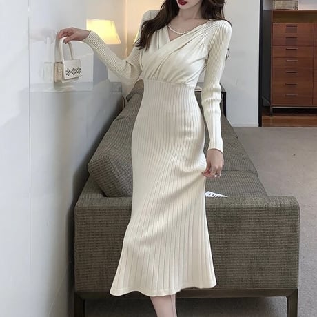 Vネック ハイウエストプリーツワンピース 4色展開