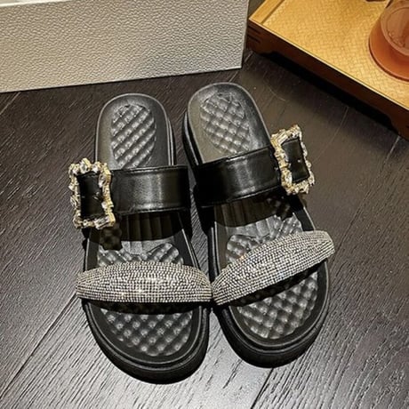 ビジューバックル ストーンバンドキルトサンダル 2色展開