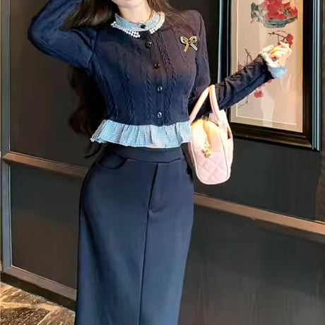 ブルーチェックリボンカーディガンスカートセット