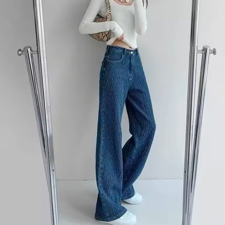 ワッフルハイウエストデニムパンツ 2色展開