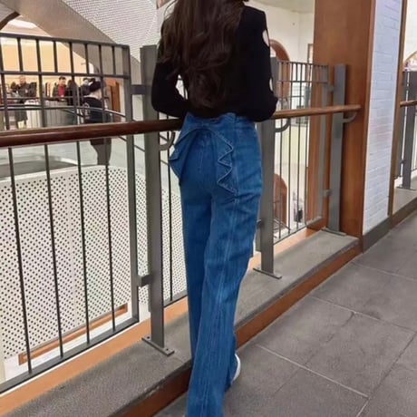 バックリボン タックデニムパンツ