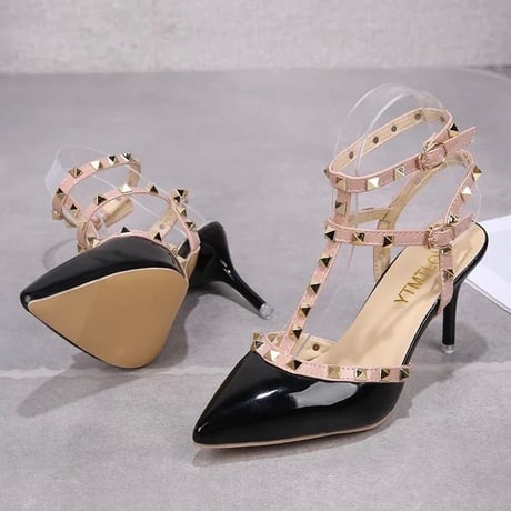 【Pink22.0,Black24.0,Black24.5cm即納】 ゴールドスタッズ ダブルベルトパンプス 2色展開