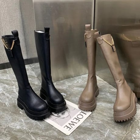 チェーン付き レザーバックジッパーブーツ 2色展開