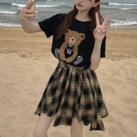 【別売りあり】ベアーTシャツ チェックタイスカートセット