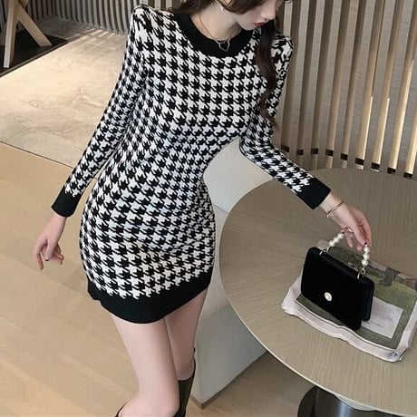 千鳥格子 タイトニットミニワンピース