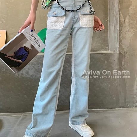 ツイードステッチ ハイウエストデニムパンツ