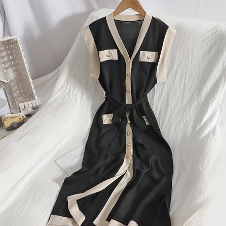 【Black即納】バイカラー ゴールドボタン ロングベスト 2色展開