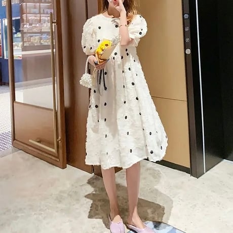 バックリボン ドットパフワンピース