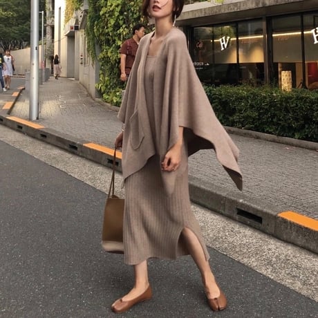 カラーニットワンピース カーディガンセット 4色展開