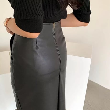 フロントスリット ハイウエストレザースカート 2色展開