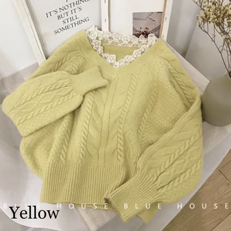 レースネック ケーブルニット 6色展開