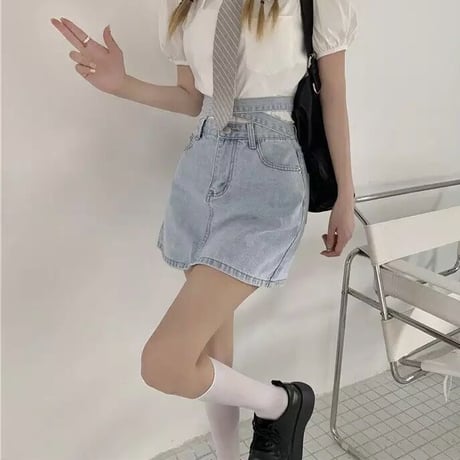 バックリボン ダブルウエストデニムスカート