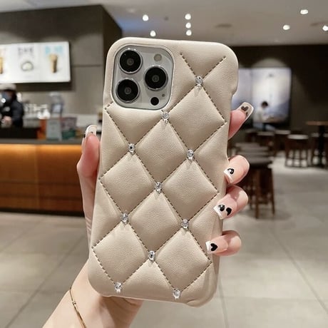 【White 14pro即納】クロスキルティング ストーンiPhoneケース 8色展開