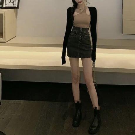 ハイウエストボタン デニムミニスカート 2色展開