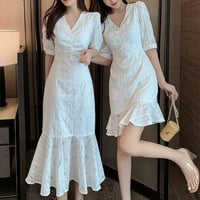 【ショート丈Mサイズ即納】【ロング丈.ショート丈】Vネックフレア ホワイトワンピース